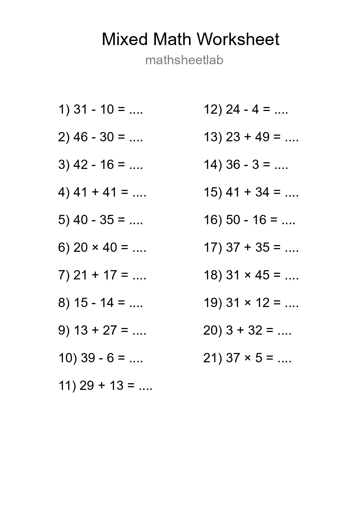 Mixed Operations Math Worksheet