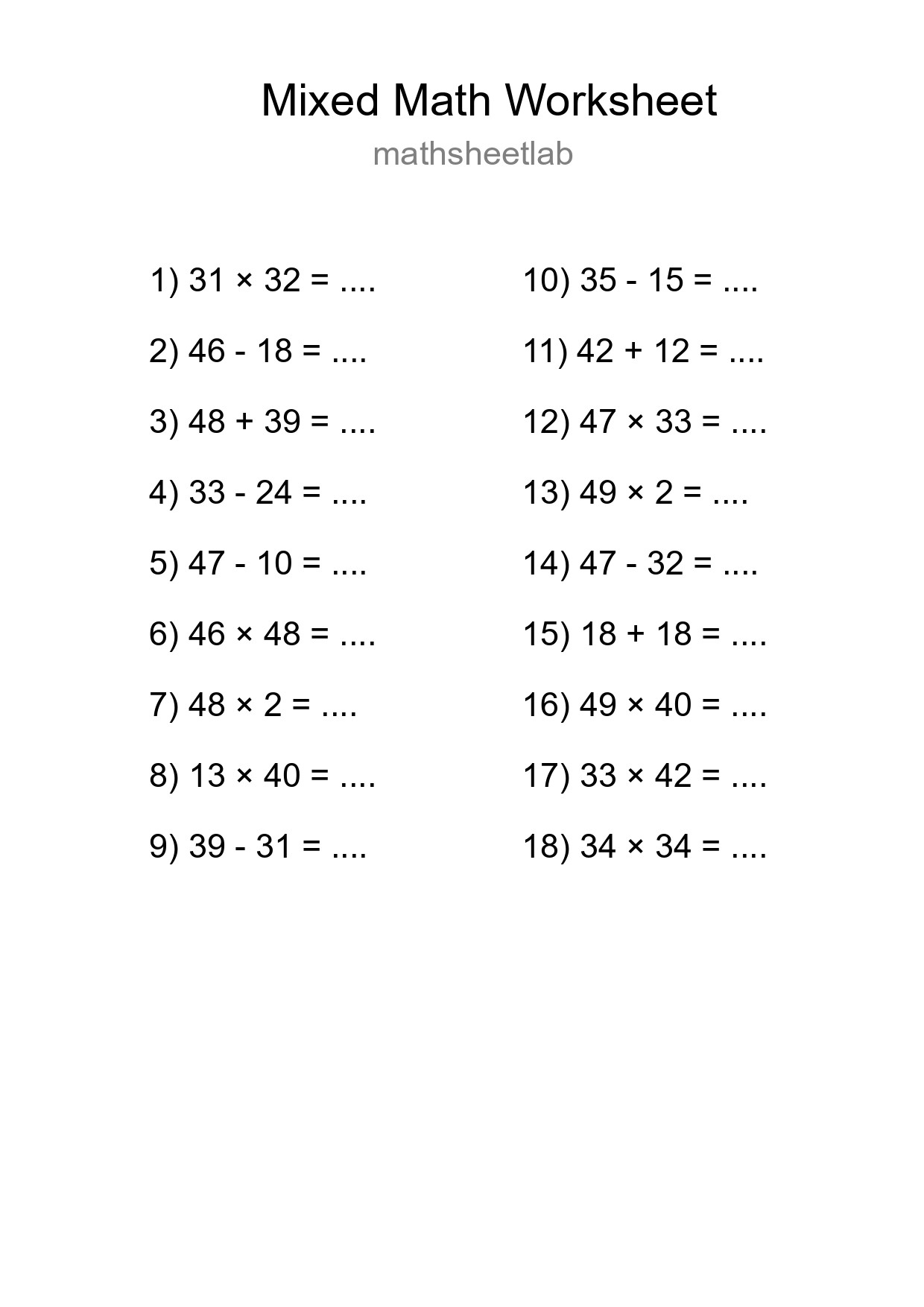 Mixed Operations Math Worksheet