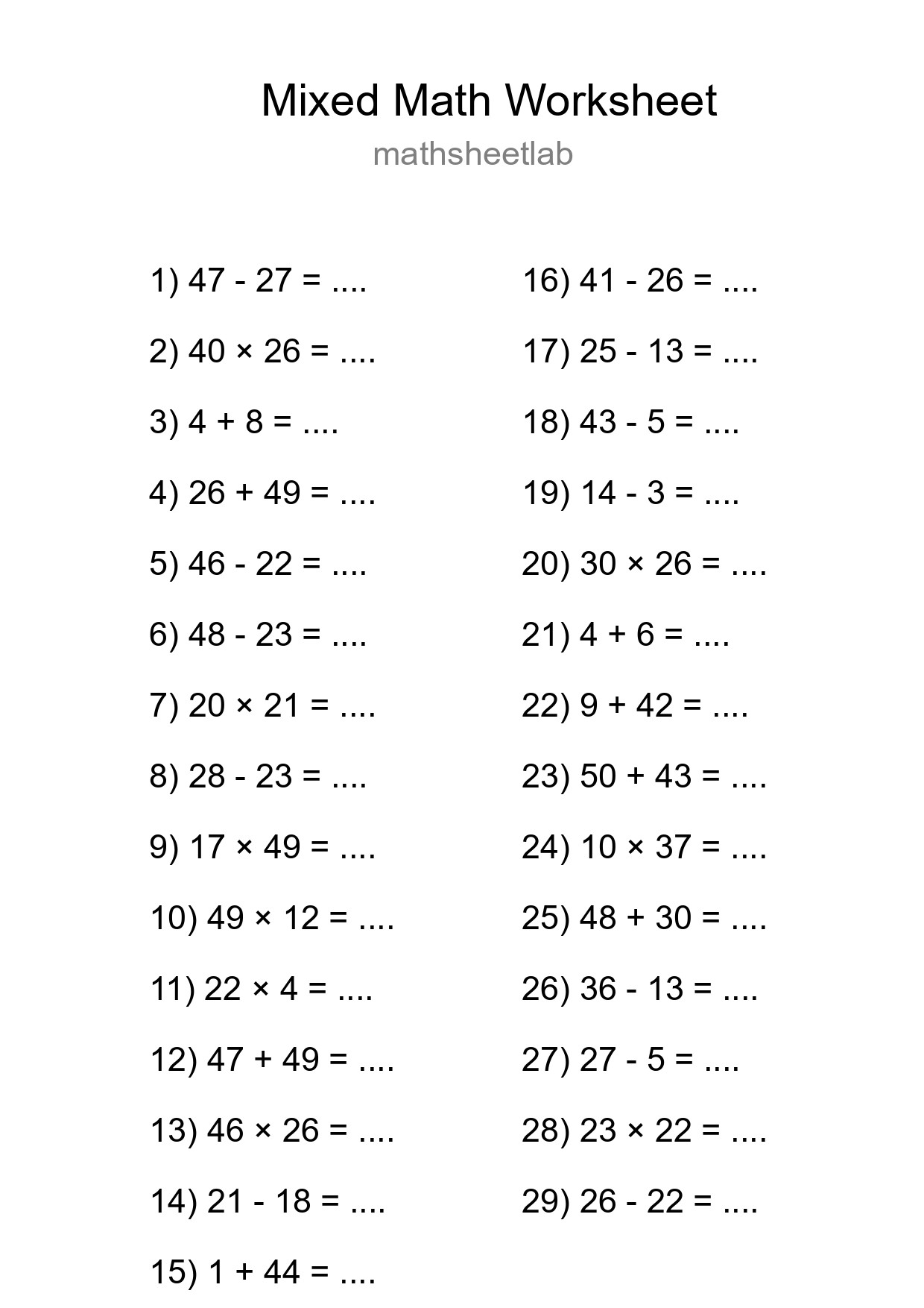 Mixed Operations Math Worksheet