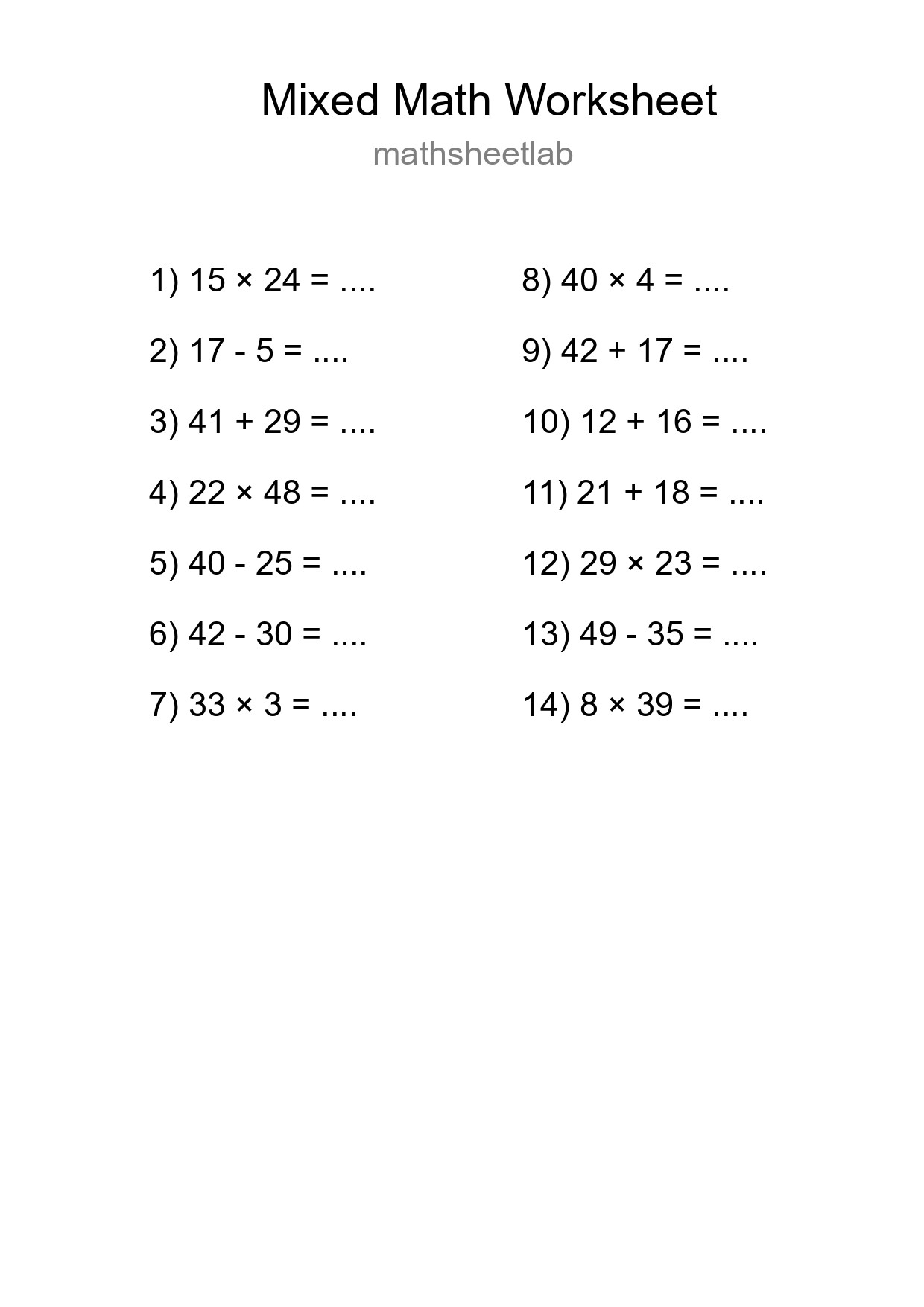 Mixed Operations Math Worksheet