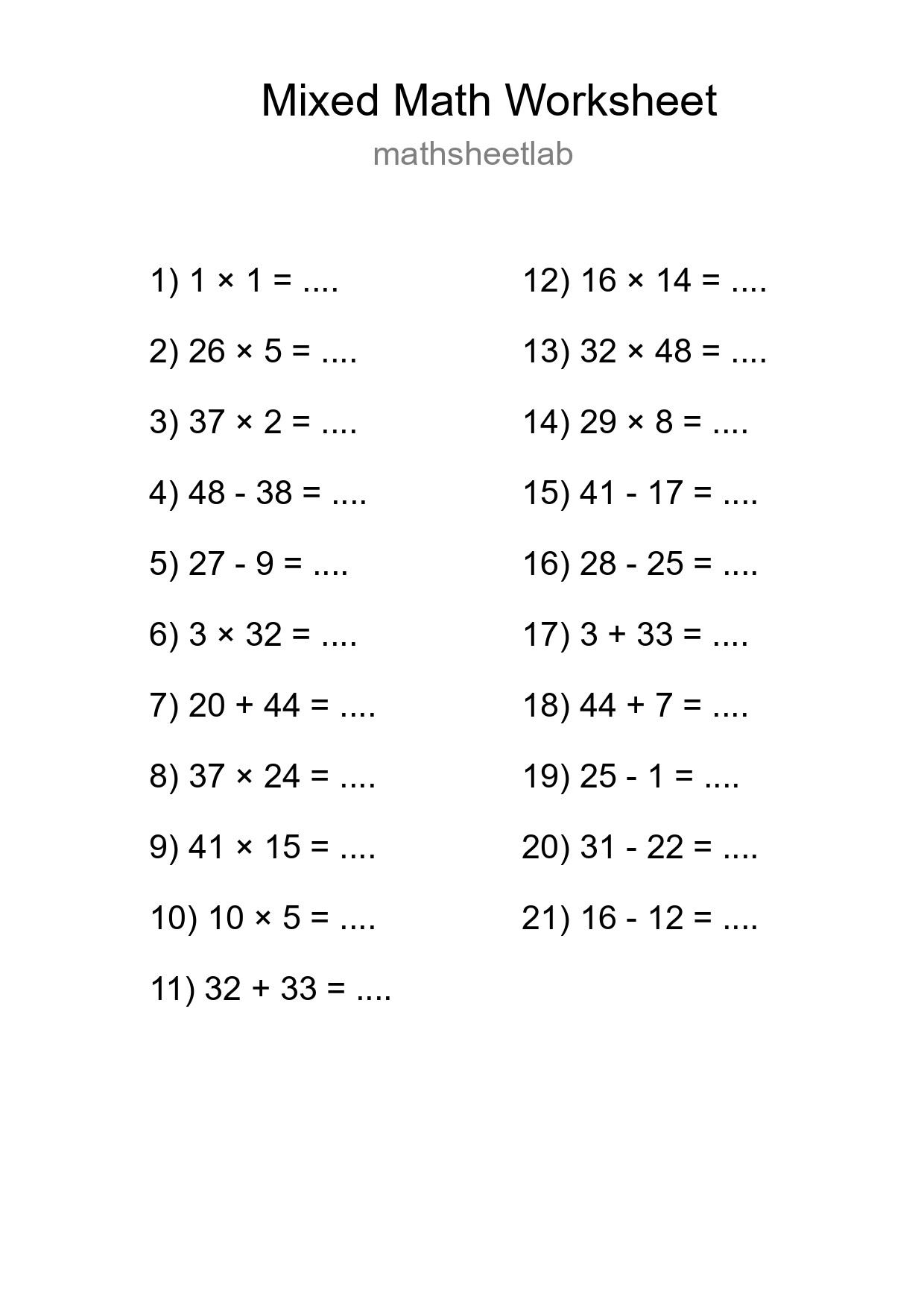 Mixed Operations Math Worksheet