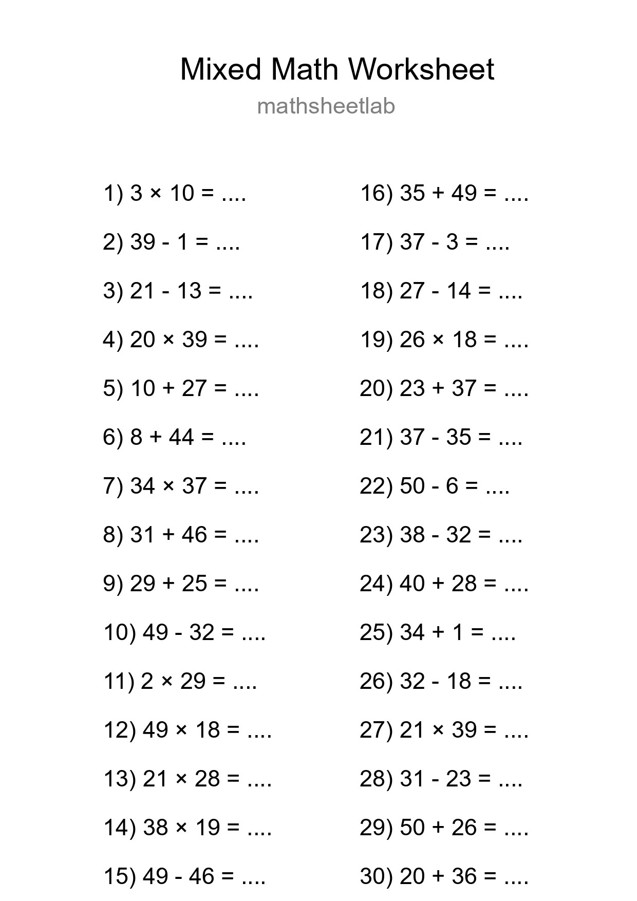 Mixed Operations Math Worksheet