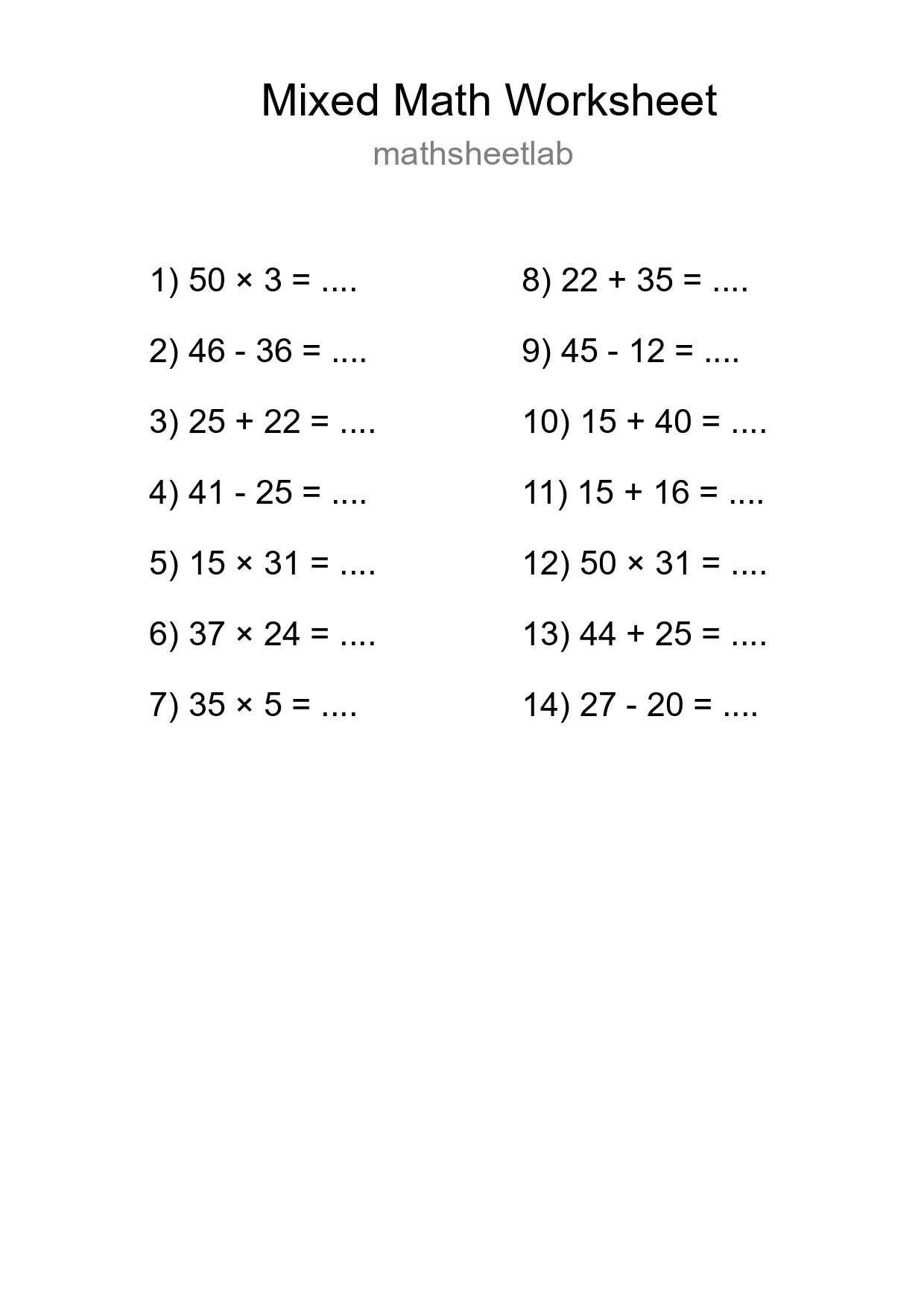 Mixed Operations Math Worksheet
