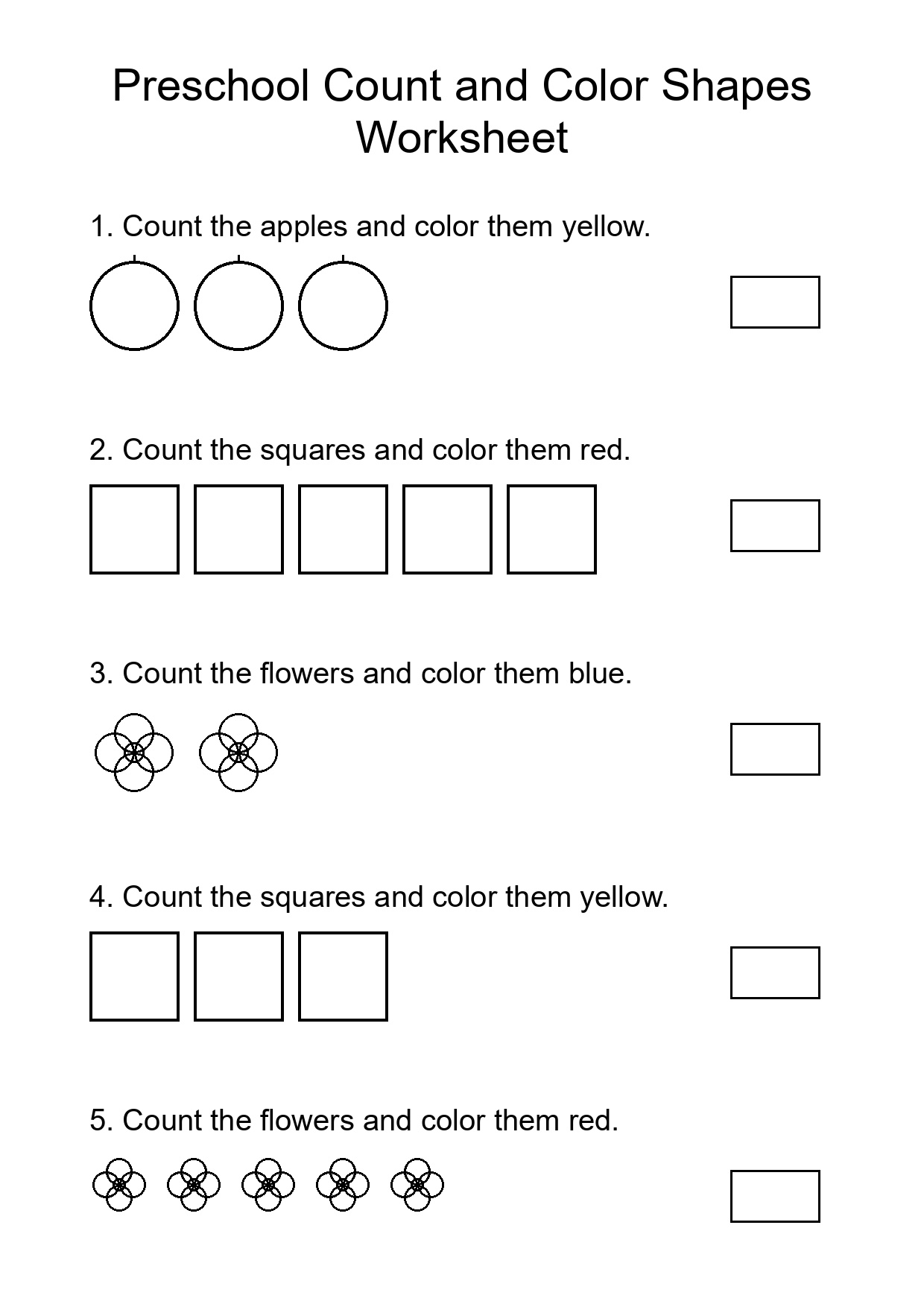 Preschool Count and Color Shapes Worksheet