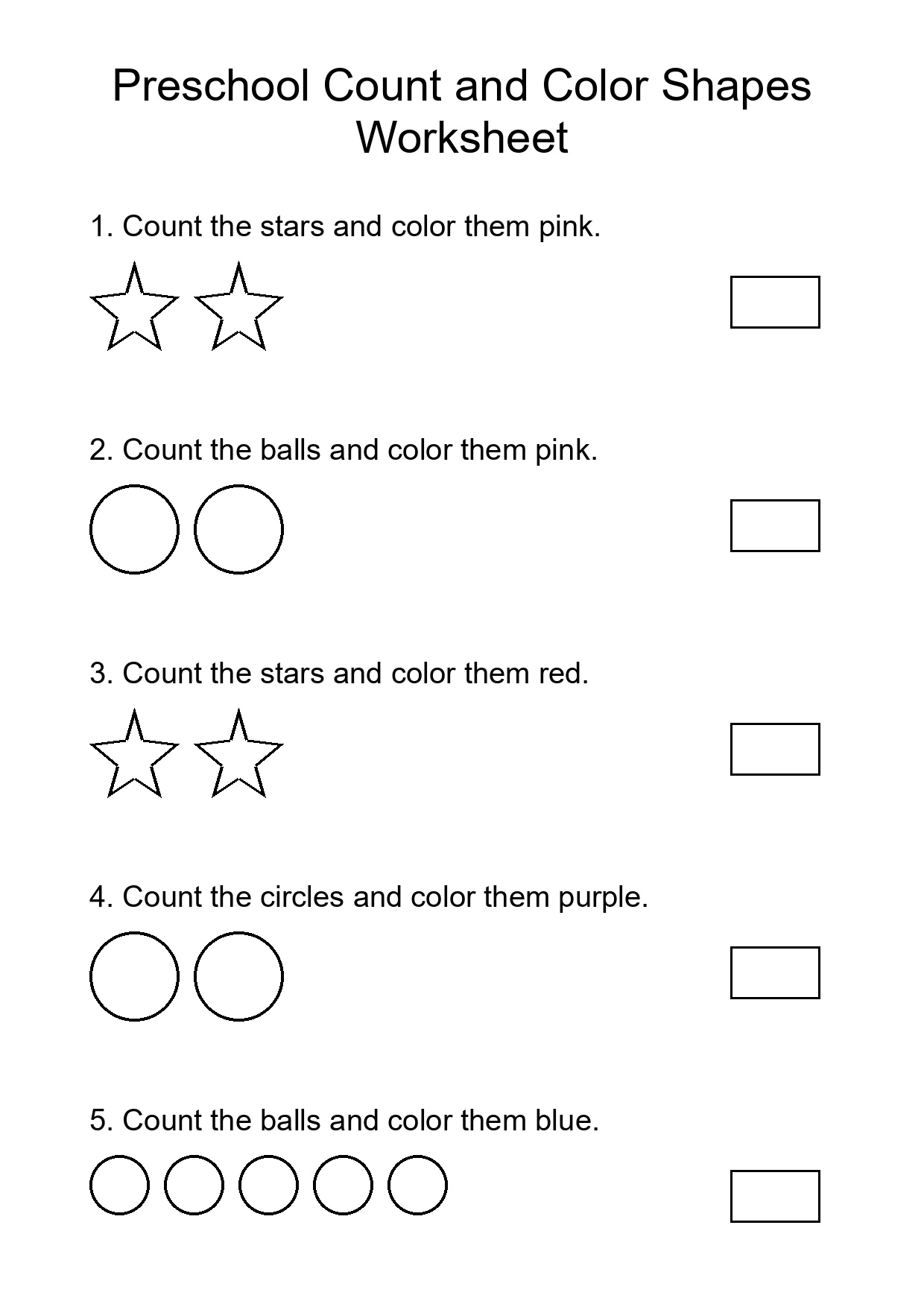 Preschool Count and Color Shapes Worksheet