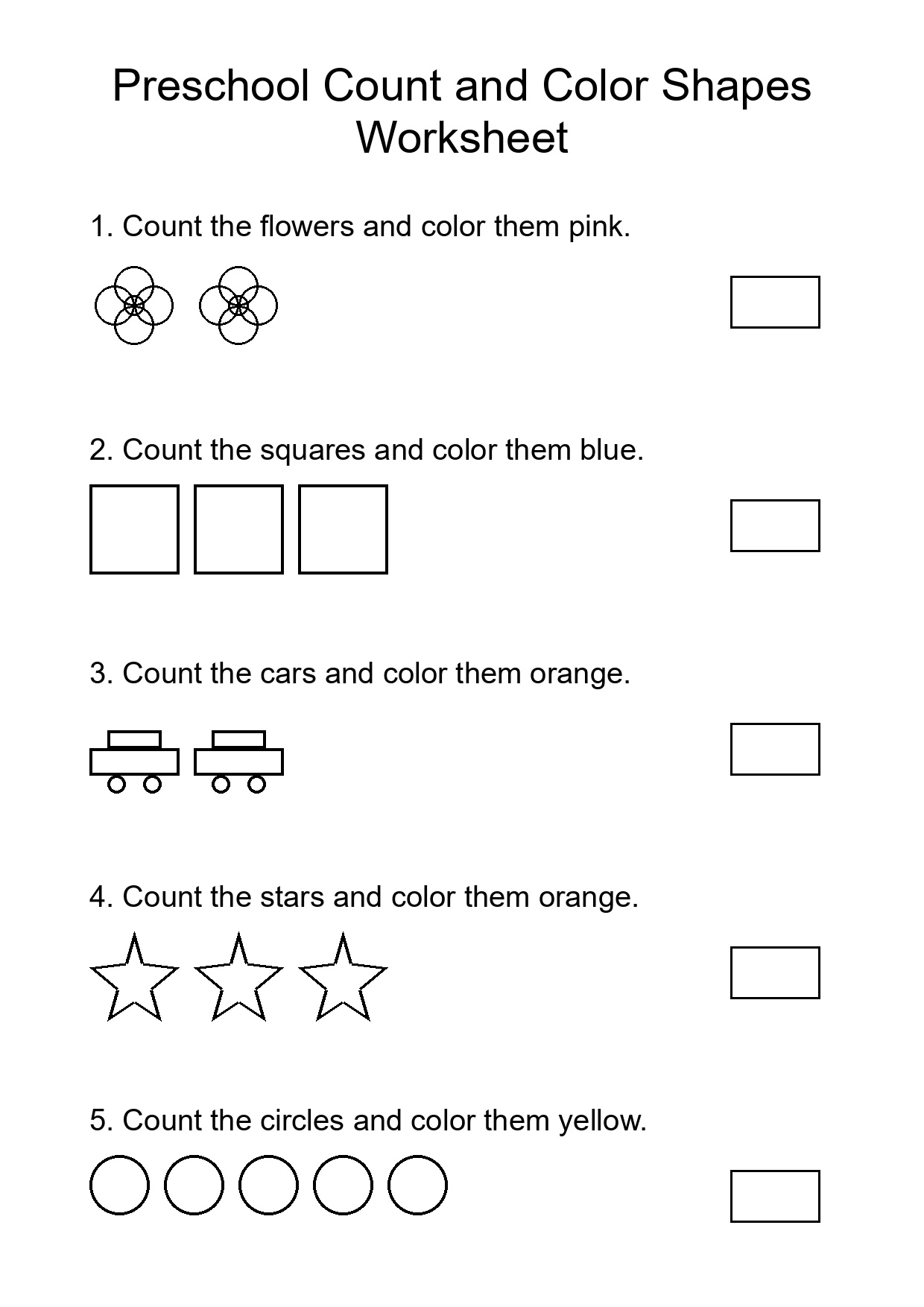 Preschool Count and Color Shapes Worksheet