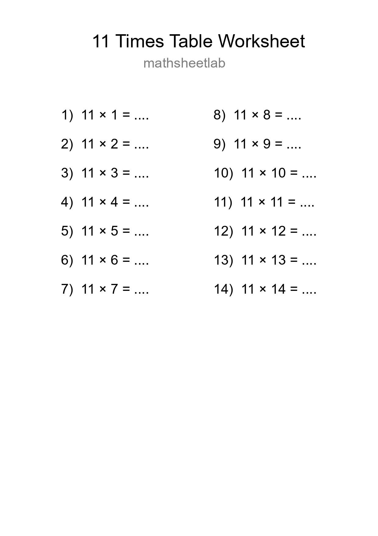 Printable 11 Times Table Worksheet For Grade 4 - Part 185