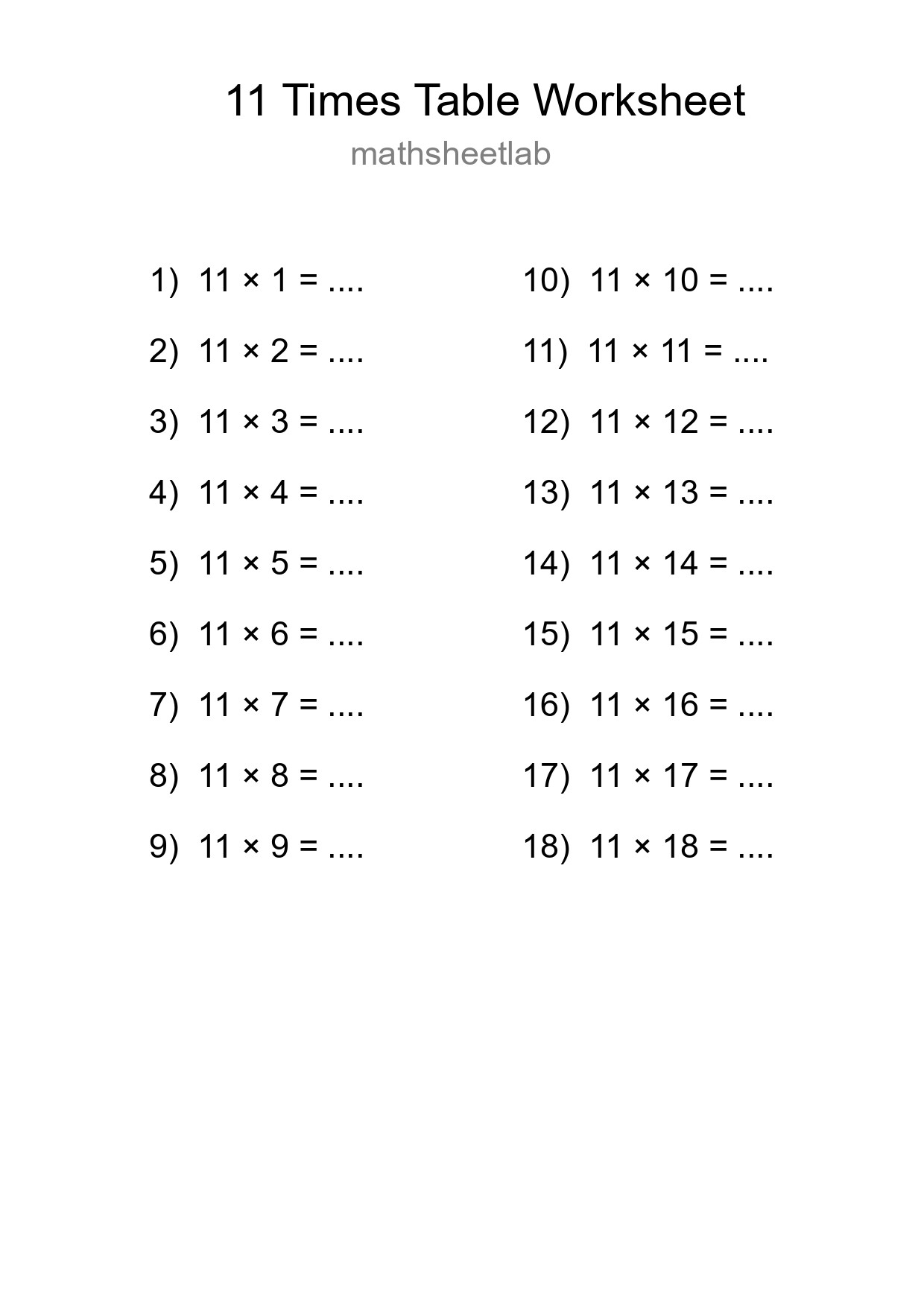 Printable 11 Times Table Worksheet For Grade 4 - Part 295