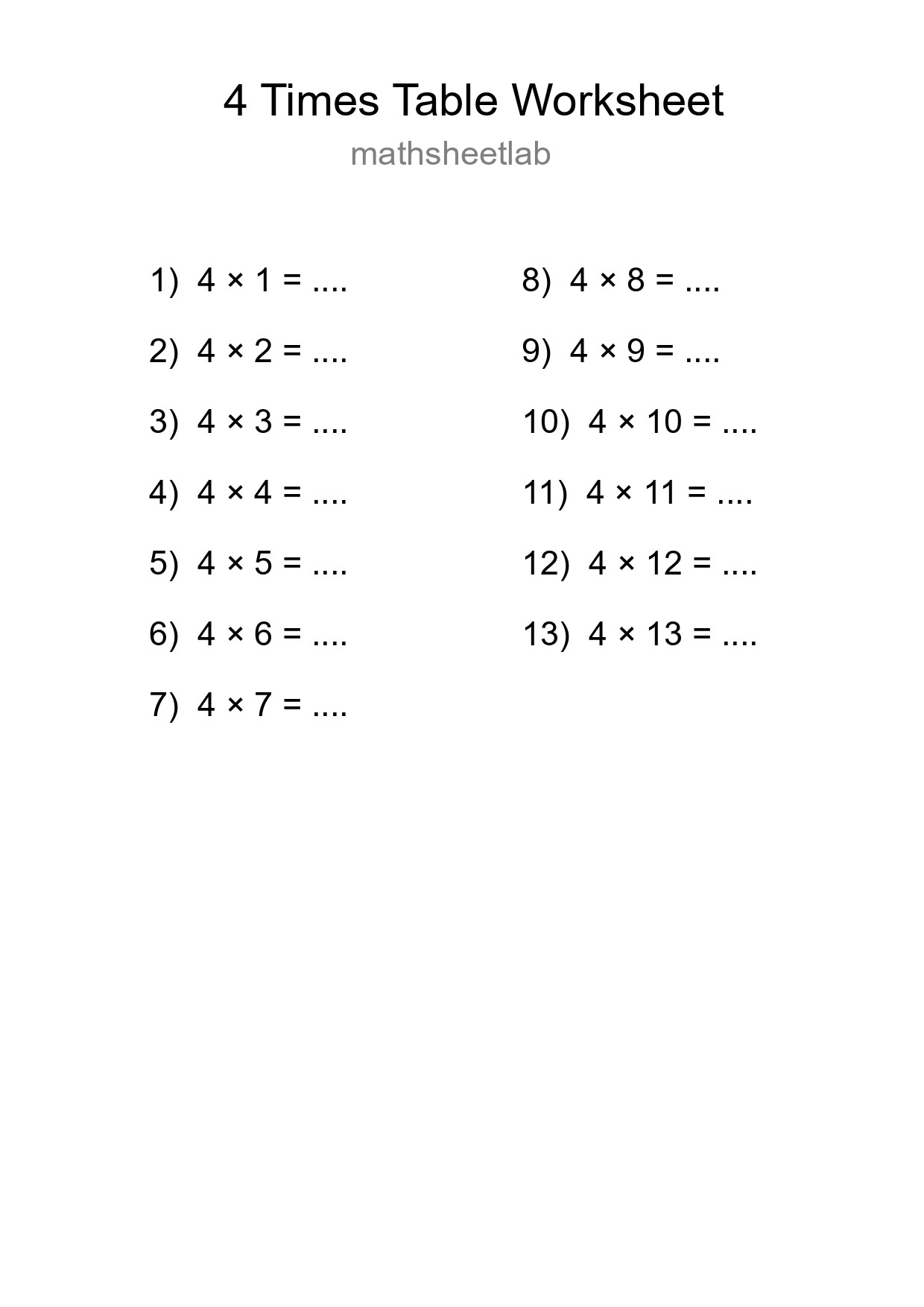 Printable 4 Times Table Worksheet For Grade 2 - Part 273
