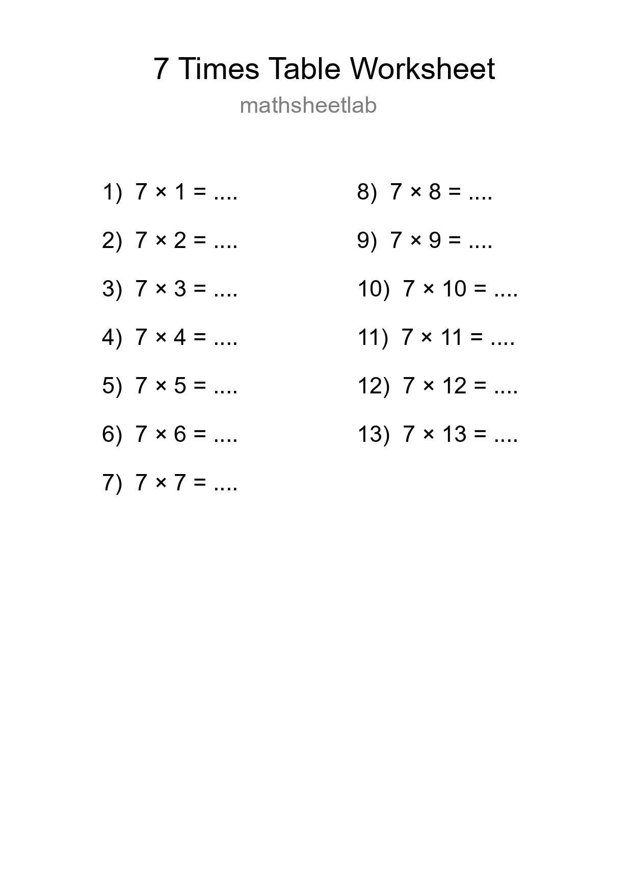 Printable 7 Times Table Worksheet For Grade 3 - Part 207