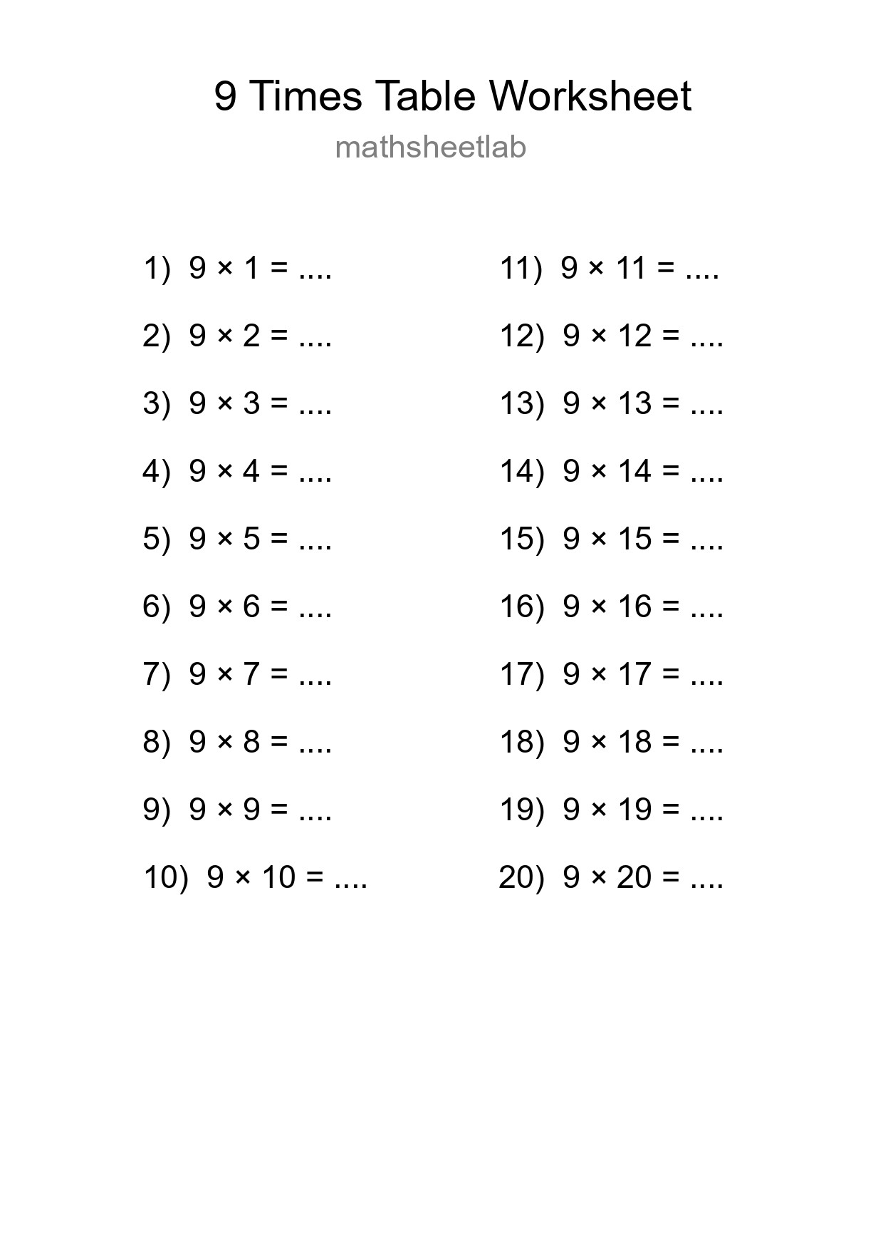Printable 9 Times Table Worksheet For Grade 3 - Part 86