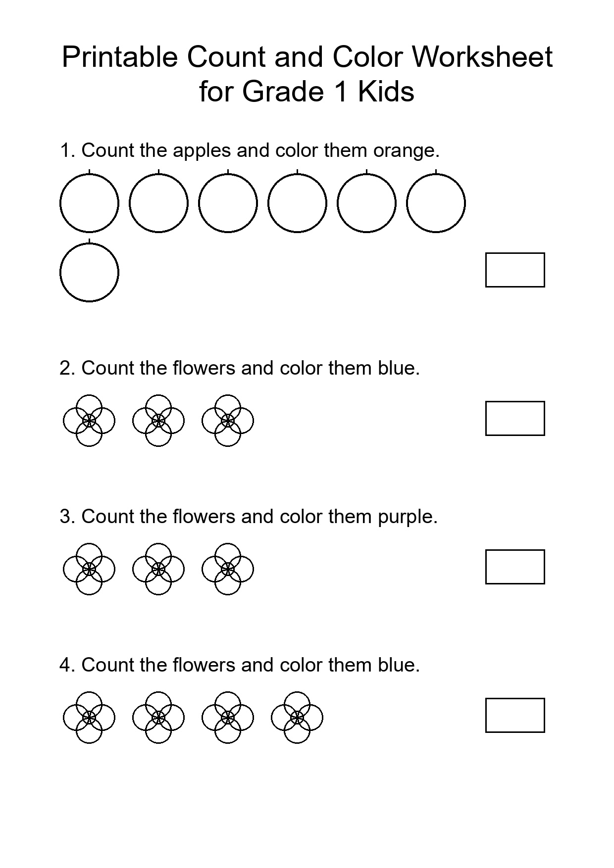 Printable Count and Color Worksheet for Grade 1 Kids