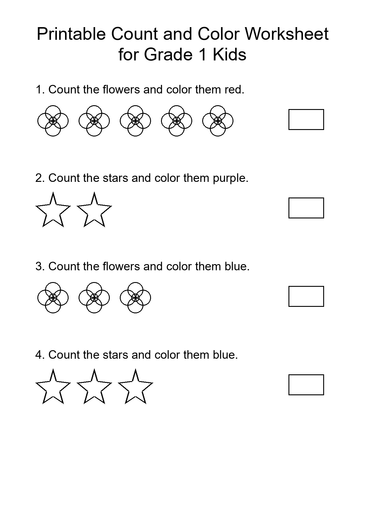 Printable Count and Color Worksheet for Grade 1 Kids