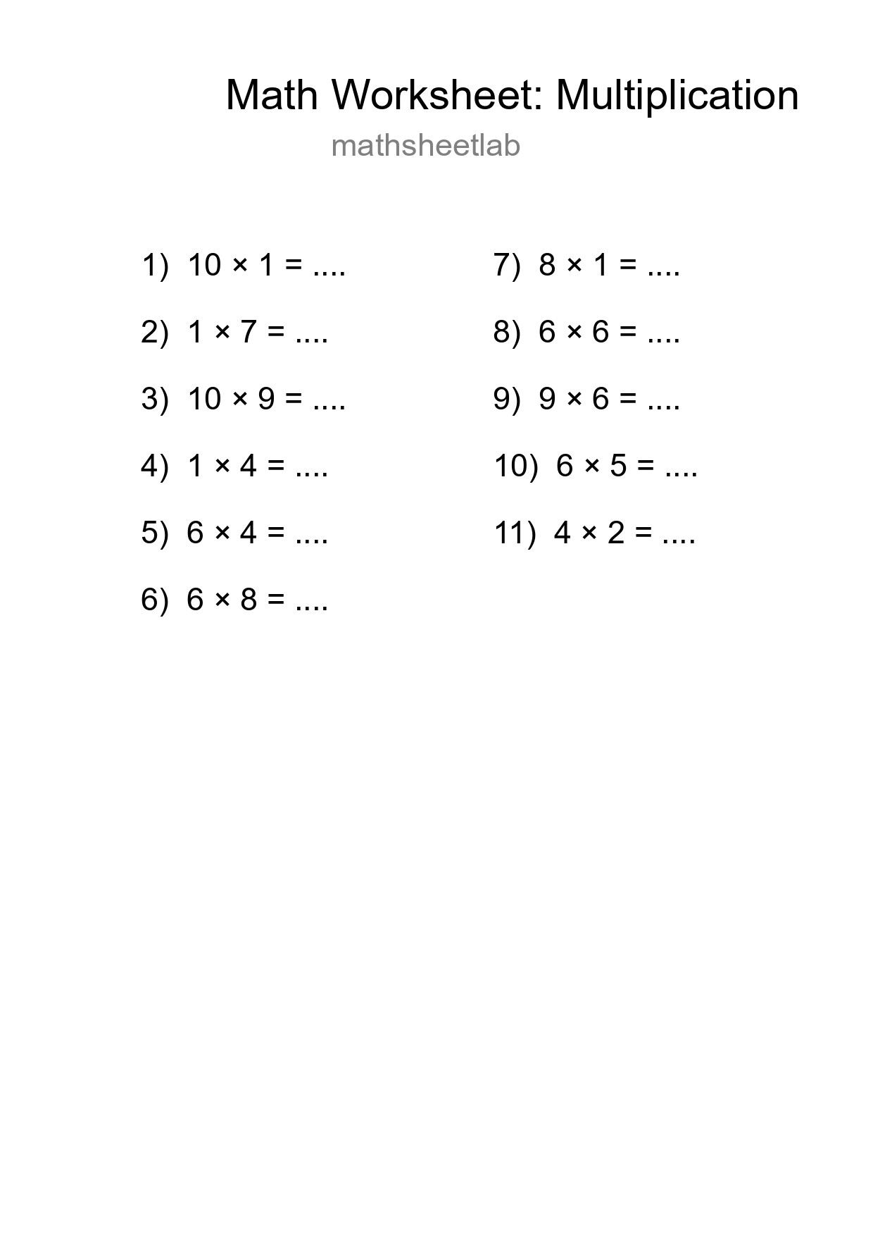 Printable Free 11 Multiplication Math Worksheet For Grade 1 - Part 161