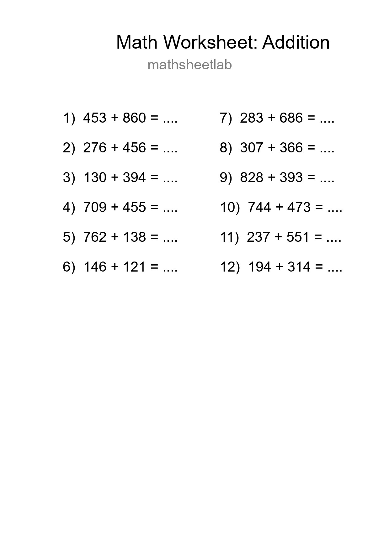 Printable Free 12 Addition Math Worksheet For Grade 5 - Part 232