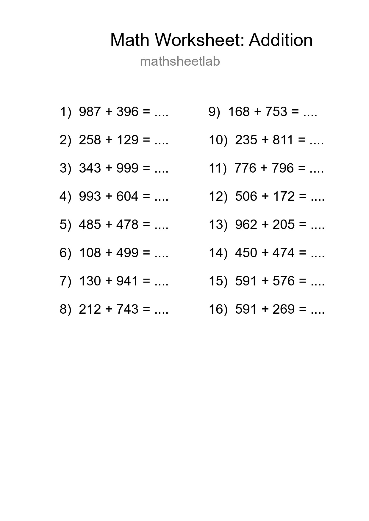 Printable Free 16 Addition Math Worksheet For Grade 5 - Part 89