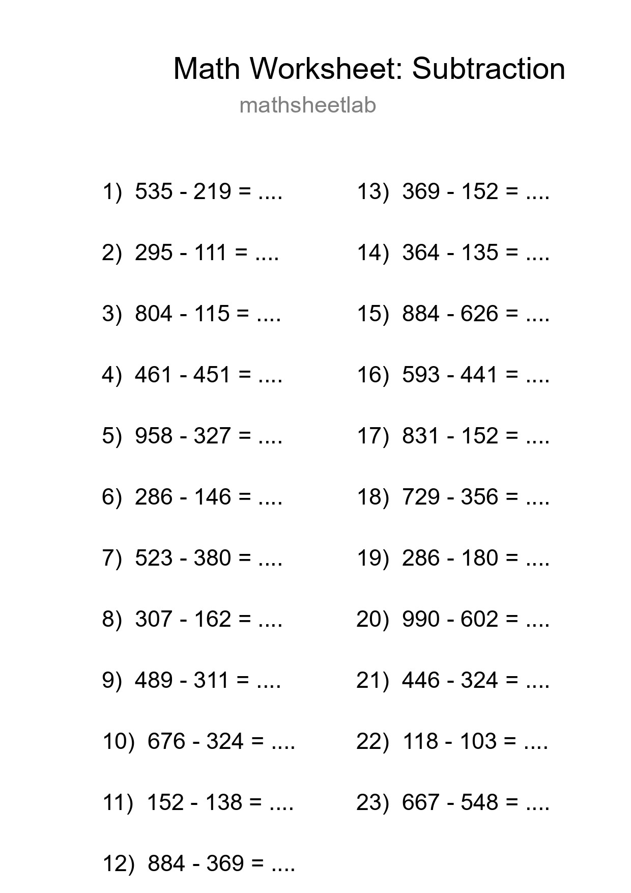 Printable Free 23 Subtraction Math Worksheet For Grade 5 - Part 184