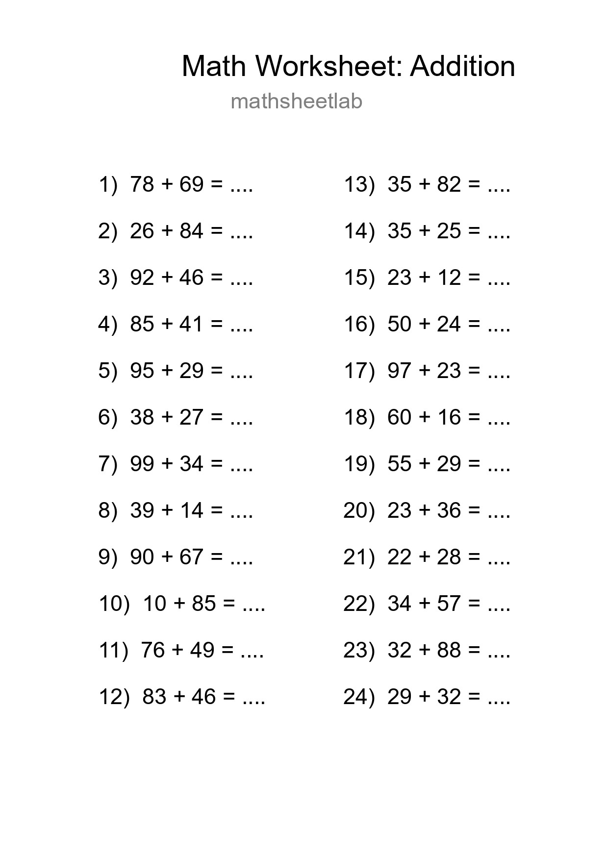 Printable Free 24 Addition Math Worksheet For Grade 3 - Part 166