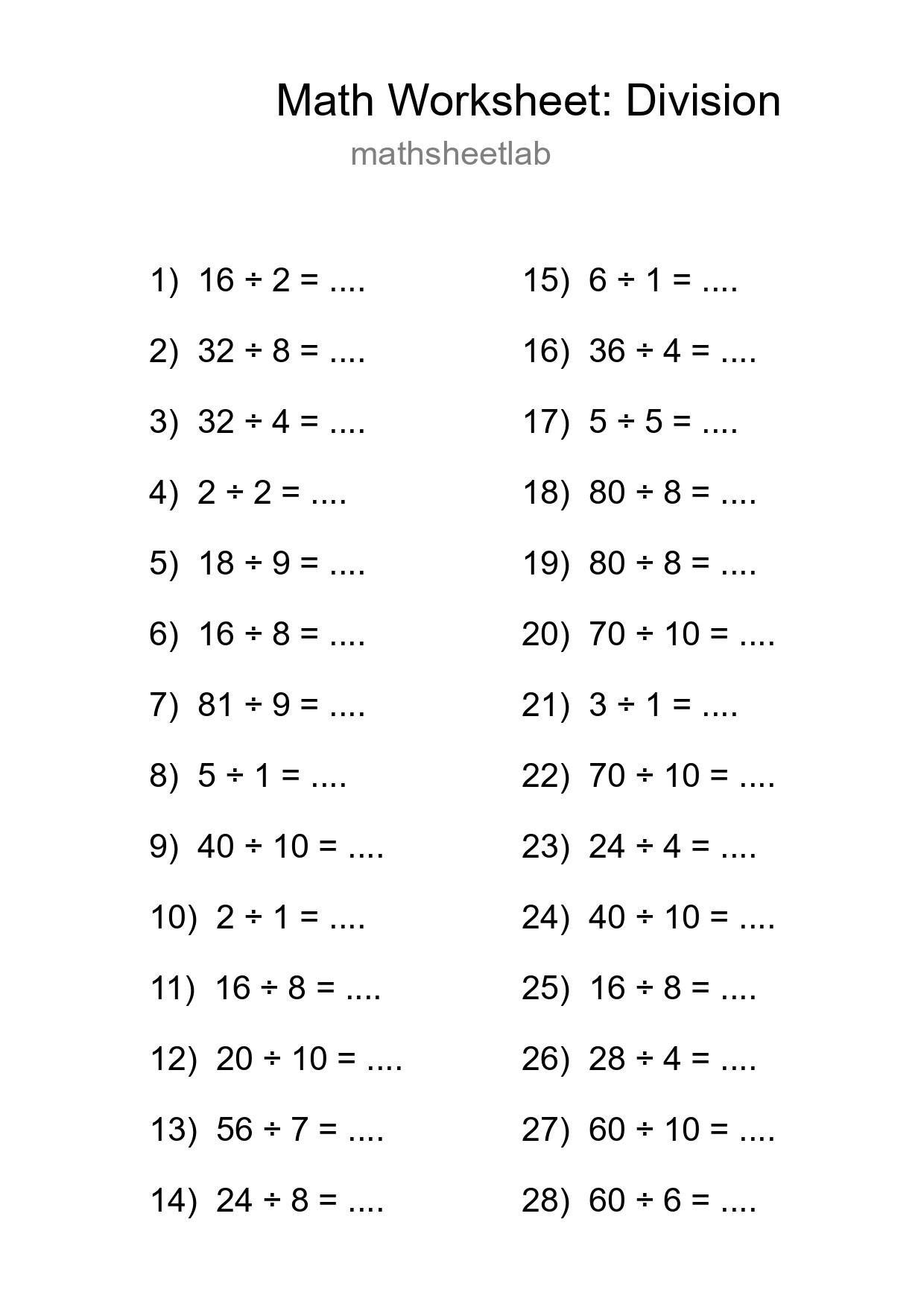 Printable Free 28 Division Math Worksheet For Grade 1 - Part 59